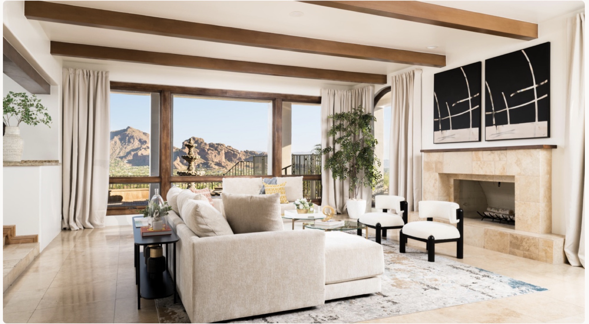 Beamed living room framing Camelback Mountain